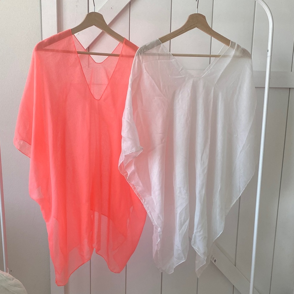 Sheer V-Neck Women Swim Cover Tops - Coral and White